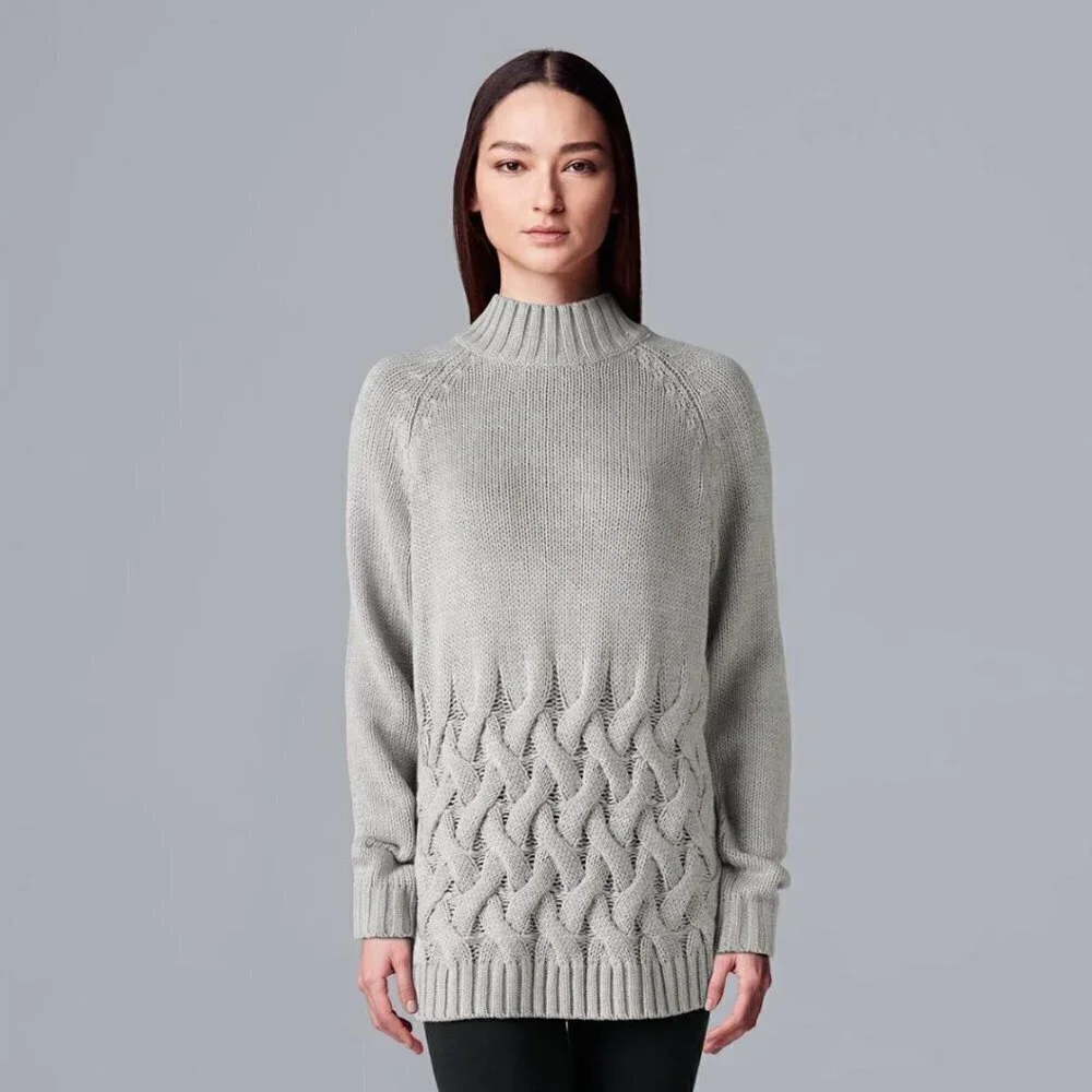 Simply Vera Wang Womens Gray Crew Neck Cable Knit Long Sleeve Sweater Sz M New
